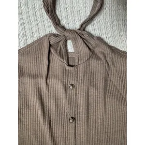 Elite Collection Brown Ribbed Knit Short Sleeve Round Neck Button Tie Hem Top L thumbnail 2