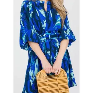 Ciebon XS Blue Pleated Floral Belted Mini Dress Balloon Sleeve Button Front thumbnail 5