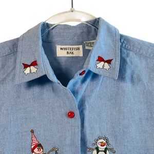Vtg Christmas Snowman Shirt Chambray Denim Holiday Button‎ Down Top S Festive thumbnail 11