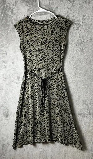 Vintage Botanical Leaf Print Tie Waist Dress Cap Sleeve Cottagecore Summer 8P thumbnail 1