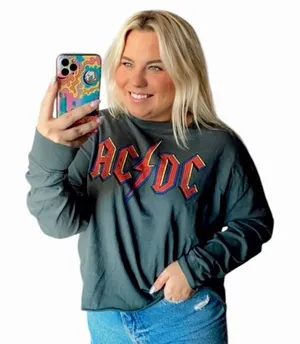 Free People Daydreamer Size S AC/DC Long Sleeve Graphic Tee Charcoal Black‎ Boxy thumbnail 1
