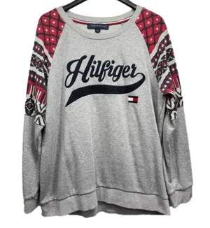 Tommy Hilfiger Gray Crewneck Sweatshirt Red Print Sleeves Navy Stitched Logo thumbnail 4