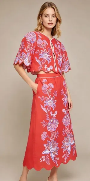 NWOT Farm Rio Red Porcelain Garden Scalloped Linen Midi Skirt Size XS thumbnail 1