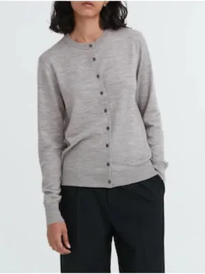 Uniqlo 100% wool cardigan sweater button up heathered gray greige neutral thumbnail 3