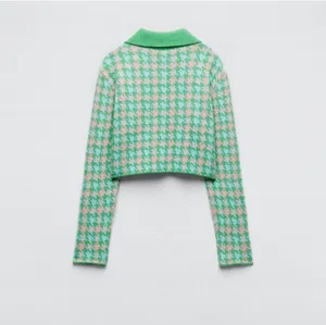 Zara Green‎ Pink Houndstooth Cropped Knit Cardigan Polo Collar Button Front M thumbnail 4