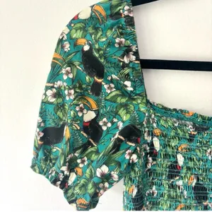 Anthropologie Dolan Left Coast Smocked Puff Sleeve Green Toucan Print Top Floral thumbnail 3