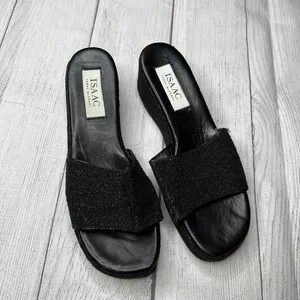 Isaac Isaac Mizrahi Black Platform Wedge Sandals Sparkle Italian Leather Sz 10B thumbnail 2