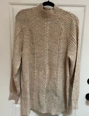 Lauren Conrad cableknit mock‎ neck sweater tan tunic size large soft lightweight thumbnail 1