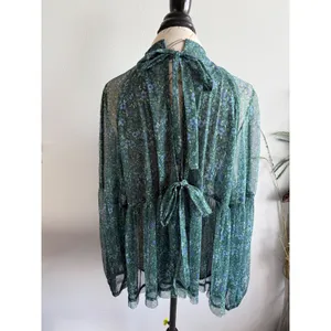 Free People Floral Sheer Mock Neck Peplum‎ Blouse Green Blue Size Medium thumbnail 4