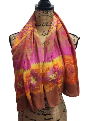 Boho Geometric Print Scarf Wrap Shawl‎ Multi Color Orange thumbnail 1