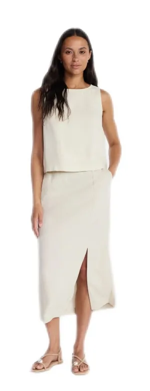 Time and Tru Linen Blend Beige Midi Skirt with Front Slit thumbnail 1