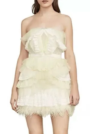 BCBGMAXAZRIA Owen Feather-Trim Ruffled Strapless Dress Size Small Cream White thumbnail 1