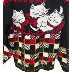Vintage Dana Scott Christmas Cat Plaid Knit Sweater Holiday Black Red Size Small thumbnail 2