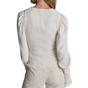 Anthropologie Smocked Puff Sleeve Ivory Cream Top size small Femine thumbnail 3