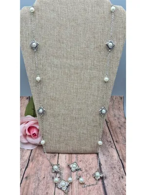 The Brighton Courtesan Necklace Long Vintage Style Glass Pearl Crystal Stations thumbnail 8