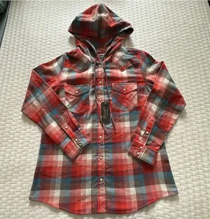 Wrangler Retro Hooded Plaid Western Shirt Snap Front Flannel Hoodie Red L Large thumbnail 1