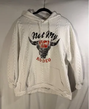 Not My First Rodeo White Cable Knit Textured Graphic Hoodie Bull Western 2XL thumbnail 1