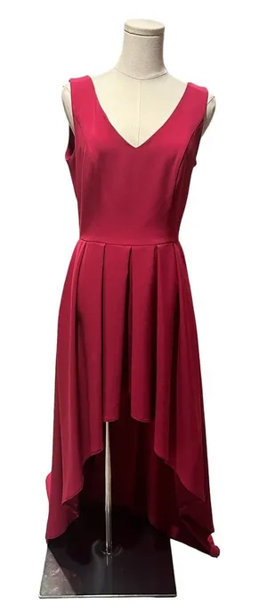 Rudika Women's Sleeveless V-Neck High-Low Pleated Party Dress in Burgundy Red thumbnail 1