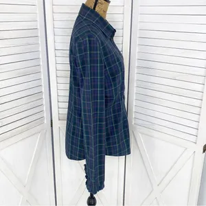 Tommy Hilfiger Plaid Ruffle Cuff Trim Button Front‎ Shirt Green Navy Medium thumbnail 3