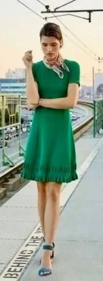 Anthropologie MAEVE Promenade Pointelle‎ Knit Dress Solid Green Flirty X-Small thumbnail 1