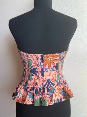 Olivaceous Pink Floral Strapless Top With Peplum Hem thumbnail 3
