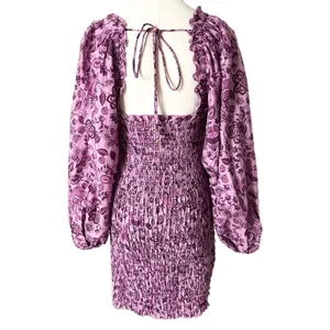 Free People Smock It To Me Shirred Mini Dress in Purple Multi Size Small thumbnail 5