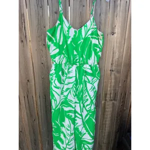 Lilly Pulitzer 20th Anniversary Green and White Tropical Print Satin Jumpsuit Lg thumbnail 4