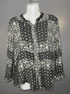 Free People Blouse Womens Medium Black Check Henley Button Boho Tunic Top thumbnail 2