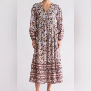Billabong Long Balloon Sleeve‎ Maxi Dress Fairy Bohemian Floral Peasant Milkmaid thumbnail 2