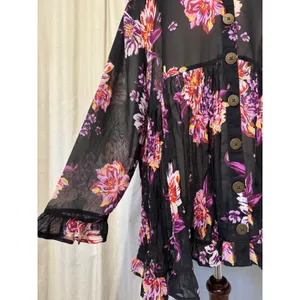 Cottagecore Womens Tunic‎ 2X Black Floral Sheer Mesh Babydoll Button Front Top thumbnail 7