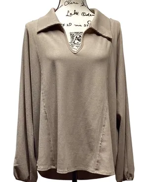 Andree by Unit V-neck Collared ribbed top Tan Size Large thumbnail 1