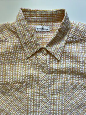 Seersucker Plaid Shirt M Lightweight Yellow Peach Oversized Japanese Button Down thumbnail 7