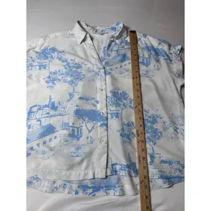Jane + Delancey Womens Blue White Toile Scenic Button Down Shirt Large Short Slv thumbnail 5