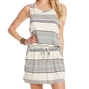 Revolve NWT CHASER Cream Blue Striped Cool Jersey Deconstructed Nautical Dress Medium thumbnail 6