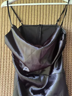 Black Satin Slip Dress with Side Slit - Women thumbnail 3