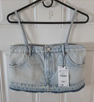 ZARA NWT Denim Crop Tank Top Womens S Spaghetti Strap Raw Hem Y2K Grunge thumbnail 1