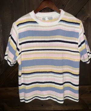 VTG One Resource 80's Women's Sz Large Knit Sweater USA Short‎ Sleeve Stripped thumbnail 1