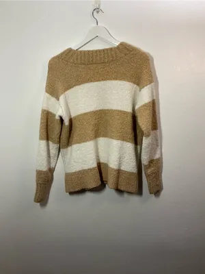 Aerie Cozy V-Neck Striped Sweater in Cream & Tan Size XS thumbnail 2