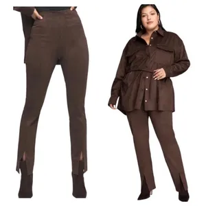 Good American Chocolate Brown Faux Suede Pant Size 8 Boss Split Hem Straight Leg thumbnail 2