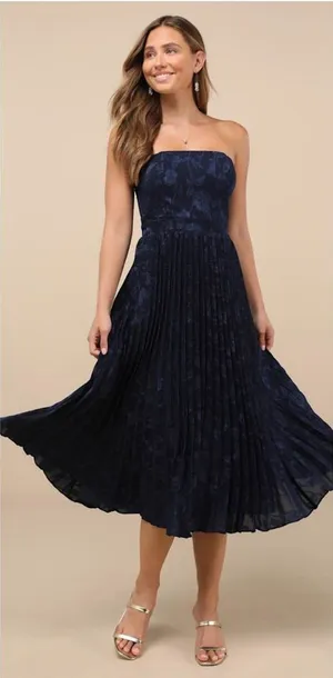 Lulus Perfectly Stunning Navy Jacquard Strapless Midi Dress thumbnail 1