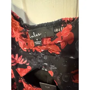 Lulus Truly Charming Floral Midi Dress Small Black Red Puff Sleeve Cutout NWT thumbnail 6