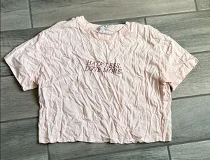 Garage Light Pink hate less love more Graphic Crop Top thumbnail 1