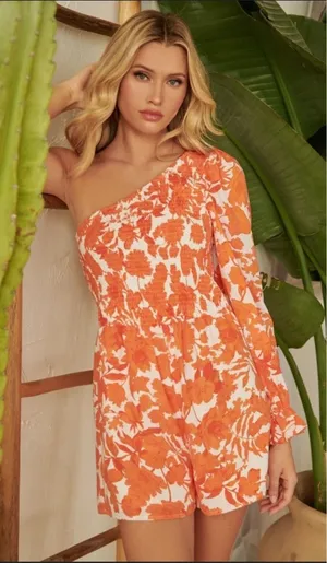 Sugarlips‎ Tangelo Floral Kellen Smocked One Shoulder Romper Size XS thumbnail 1