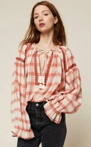 Free People Boho Fall‎ Plaid Honey Grove Top Size Small thumbnail 1