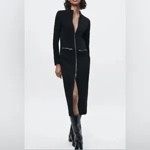 Nwt $139 Zara Zipper Midi Dress Zw Collection Black, Us Size L thumbnail 2