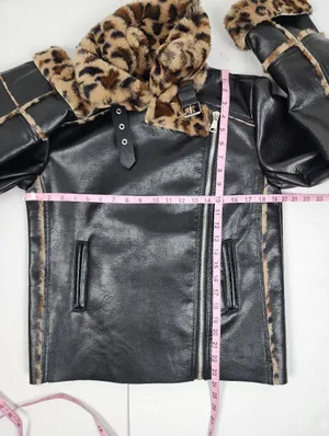 Black Faux Leather Moto Jacket with Leopard Faux Fur Accent thumbnail 8