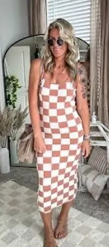 Amazon Peach Cream Checkered Knit Maxi Dress Small Adjustable Straps Bodycon Sweater thumbnail 1