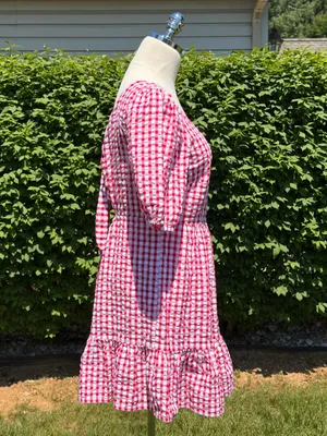 NEW LOFT Red‎ Gingham Tie Back Puff Sleeve Cottagecore Picnic Dress Outdoor Farm thumbnail 4