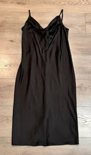 Black Midi Slip Dress Cowl Neck Large L Sleeveless‎ Lined Party Cocktail Flaws thumbnail 1
