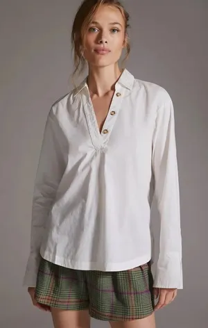 Anthropologie Maeve White Pop Over Henley Blouse‎ Sz Small Oversized thumbnail 1